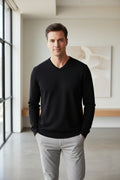 Men's solid V-neck sweater, black, long sleeves, ribbed cuffs and hem