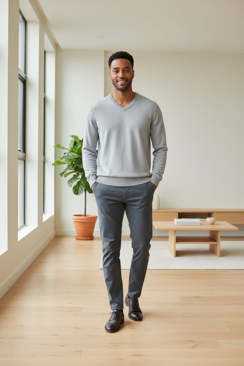 Men's solid V-neck sweater, heather grey, long sleeves, ribbed cuffs and hem