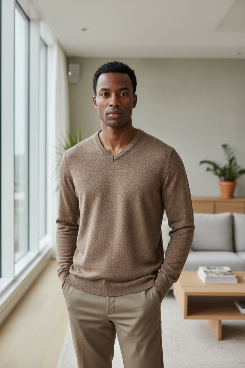 Men's solid V-neck sweater, brown, long sleeves, ribbed cuffs and hem