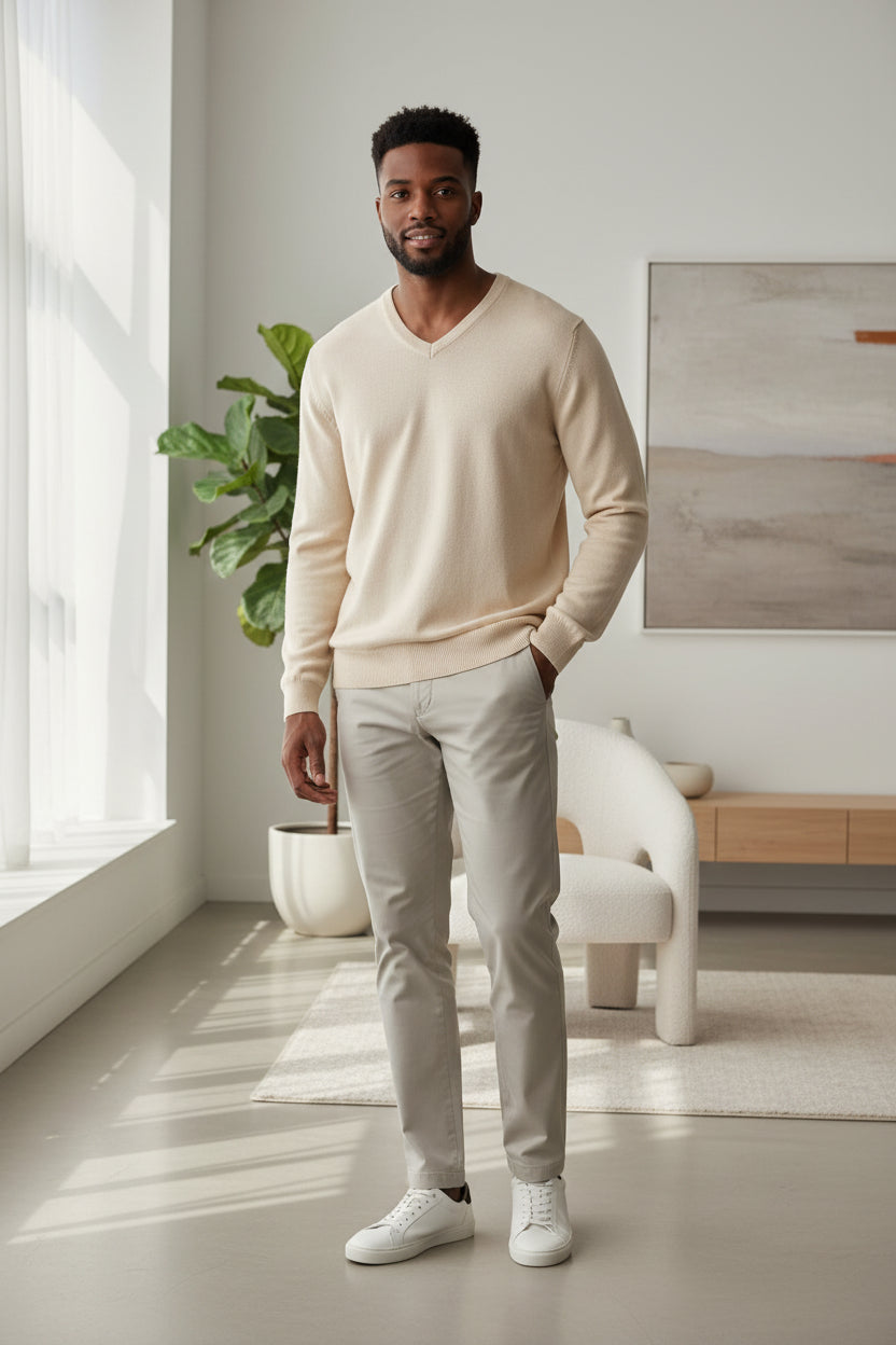 Men's solid V-neck sweater, cream, long sleeves, ribbed cuffs and hem