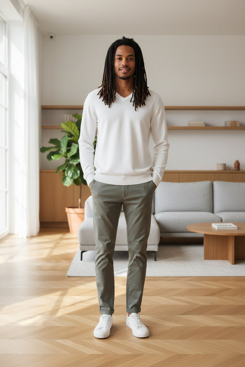 Men's solid V-neck sweater, white, long sleeves, ribbed cuffs and hem