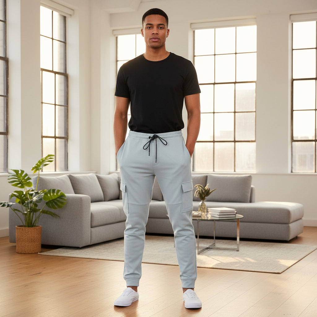 Men's cargo jogger sweatpants in light gray with drawstring waist and cargo pockets.