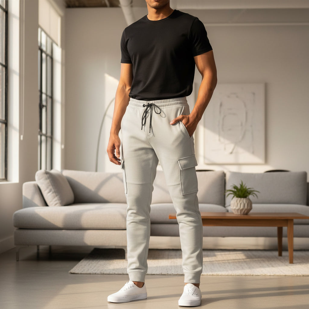 Men's cargo jogger sweatpants in light gray with drawstring waist and side cargo pockets.