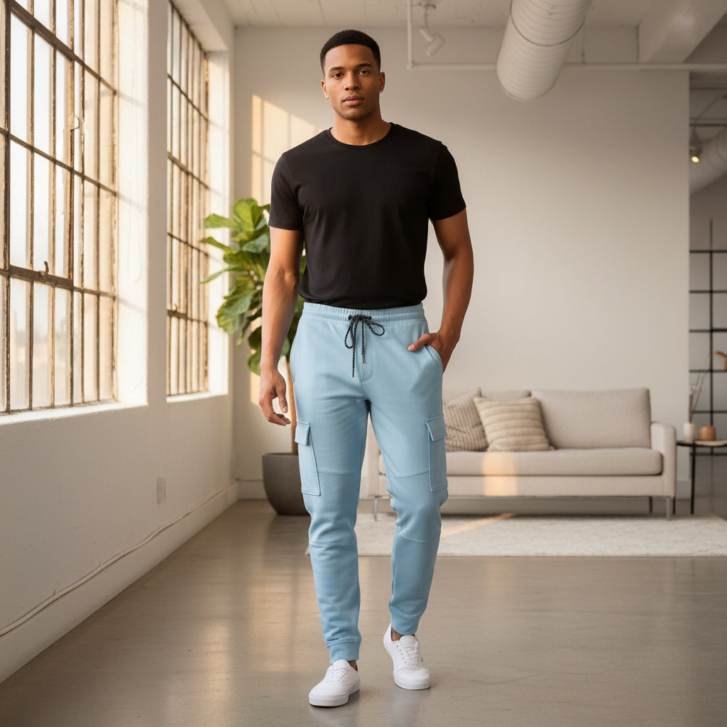 Men's cargo jogger sweatpants in light blue with drawstring waist and cargo pockets.