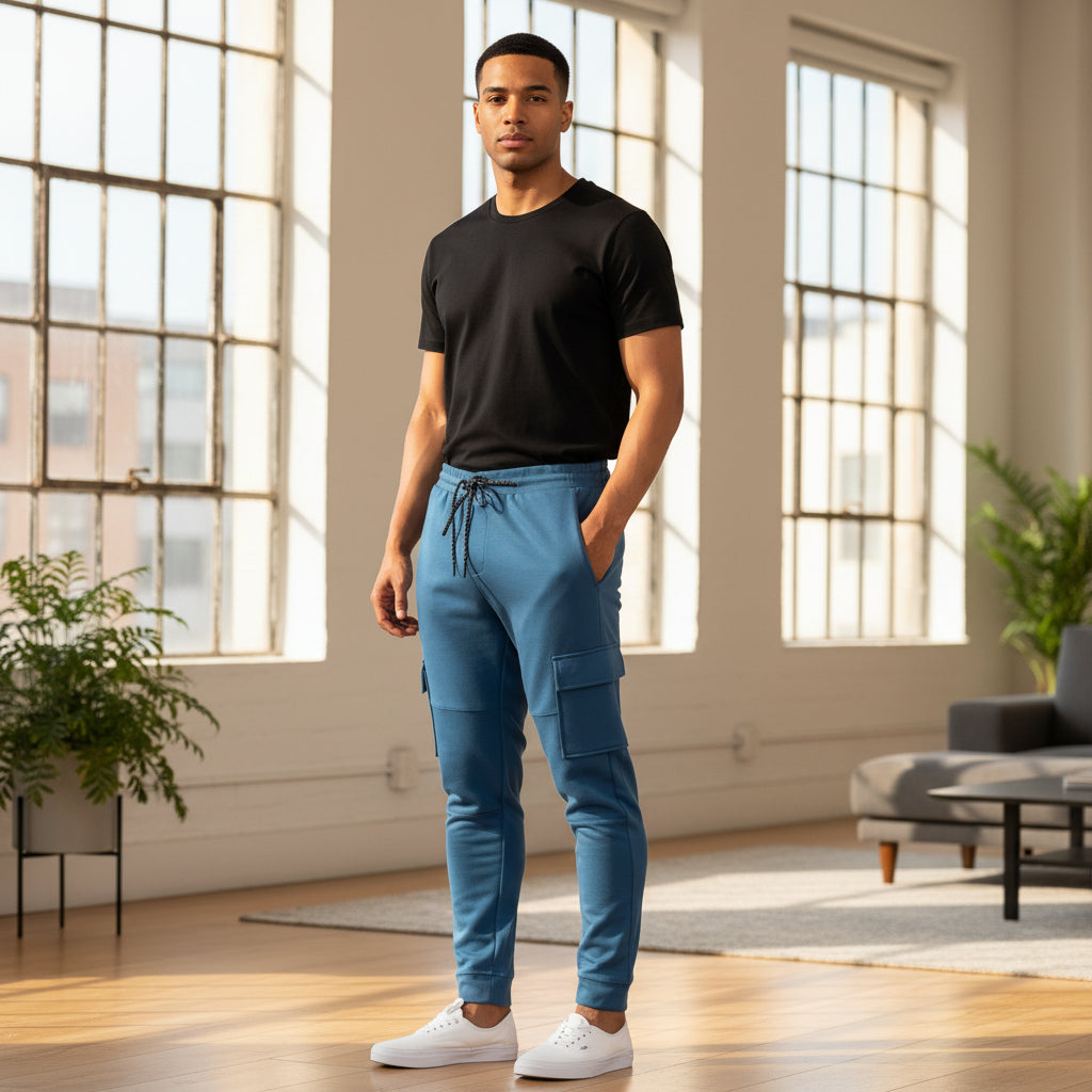 Men's cargo jogger sweatpants in blue with drawstring waist and stacked cargo pockets.