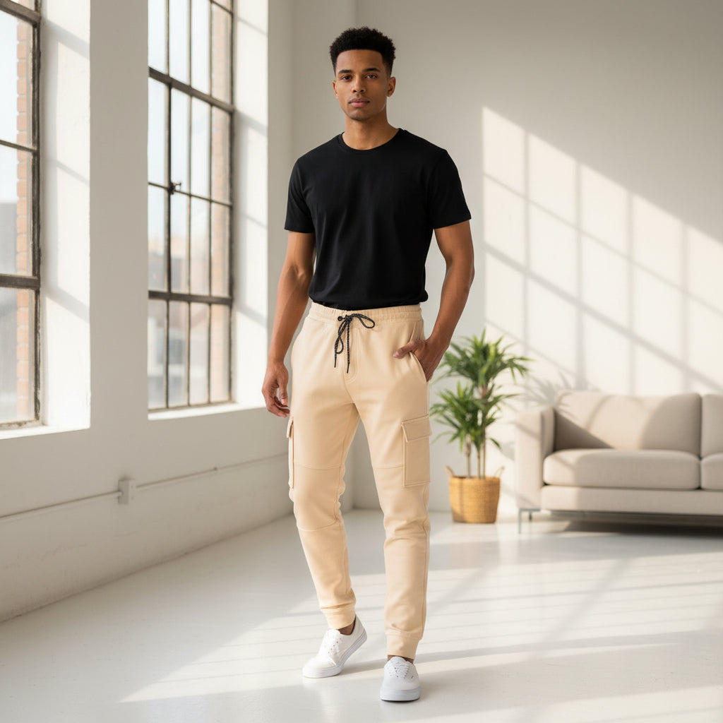 Men's cargo jogger sweatpants in beige with drawstring waist and cargo pockets.