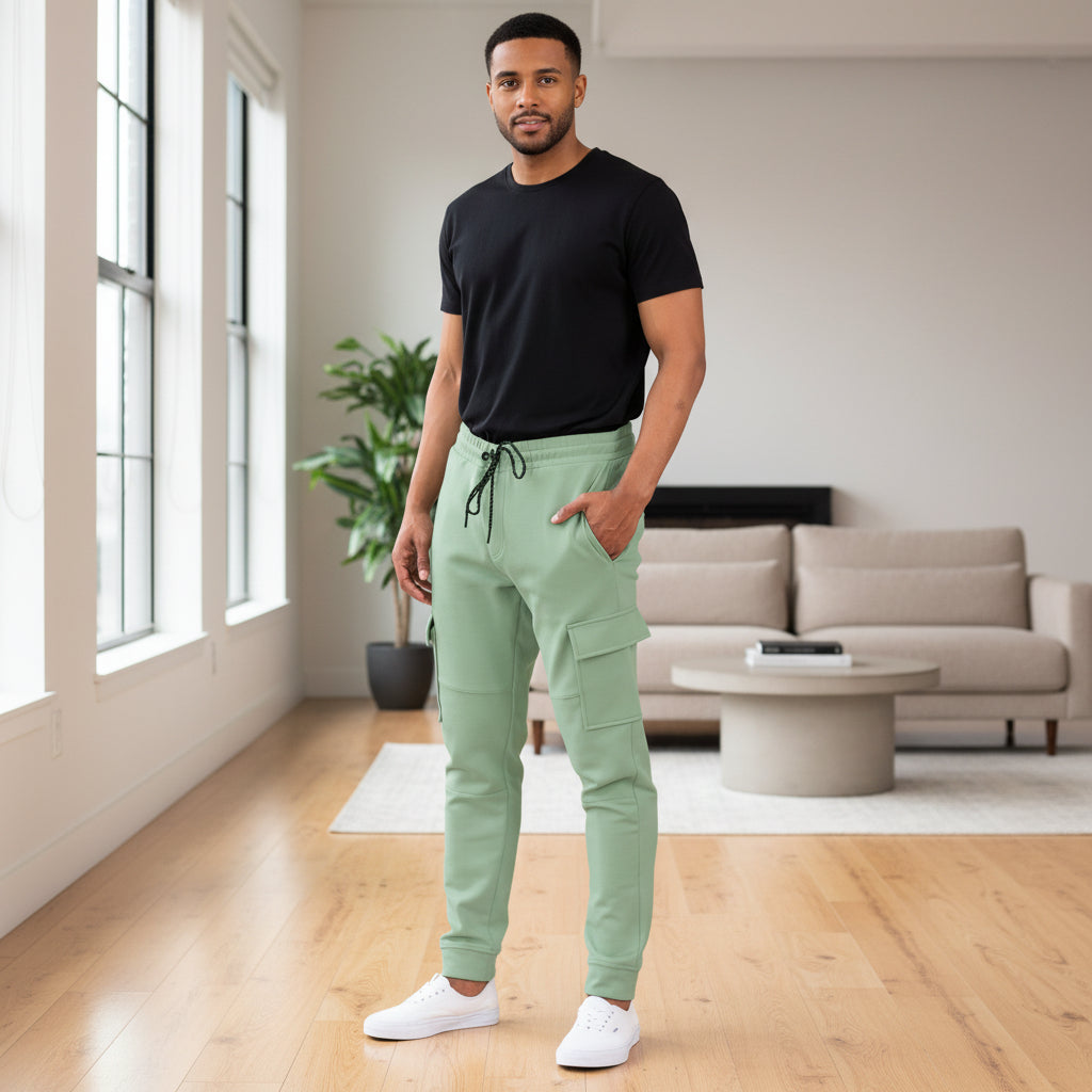 Men's cargo jogger sweatpants in green with drawstring waist and cargo pockets.