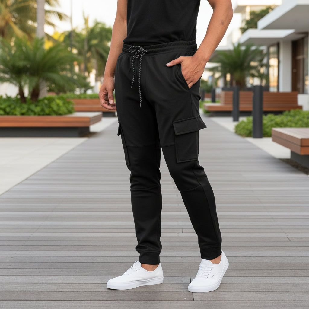 Men's cargo jogger sweatpants in black with drawstring waist and cargo pockets.