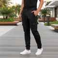 Men's cargo jogger sweatpants in black with drawstring waist and cargo pockets.
