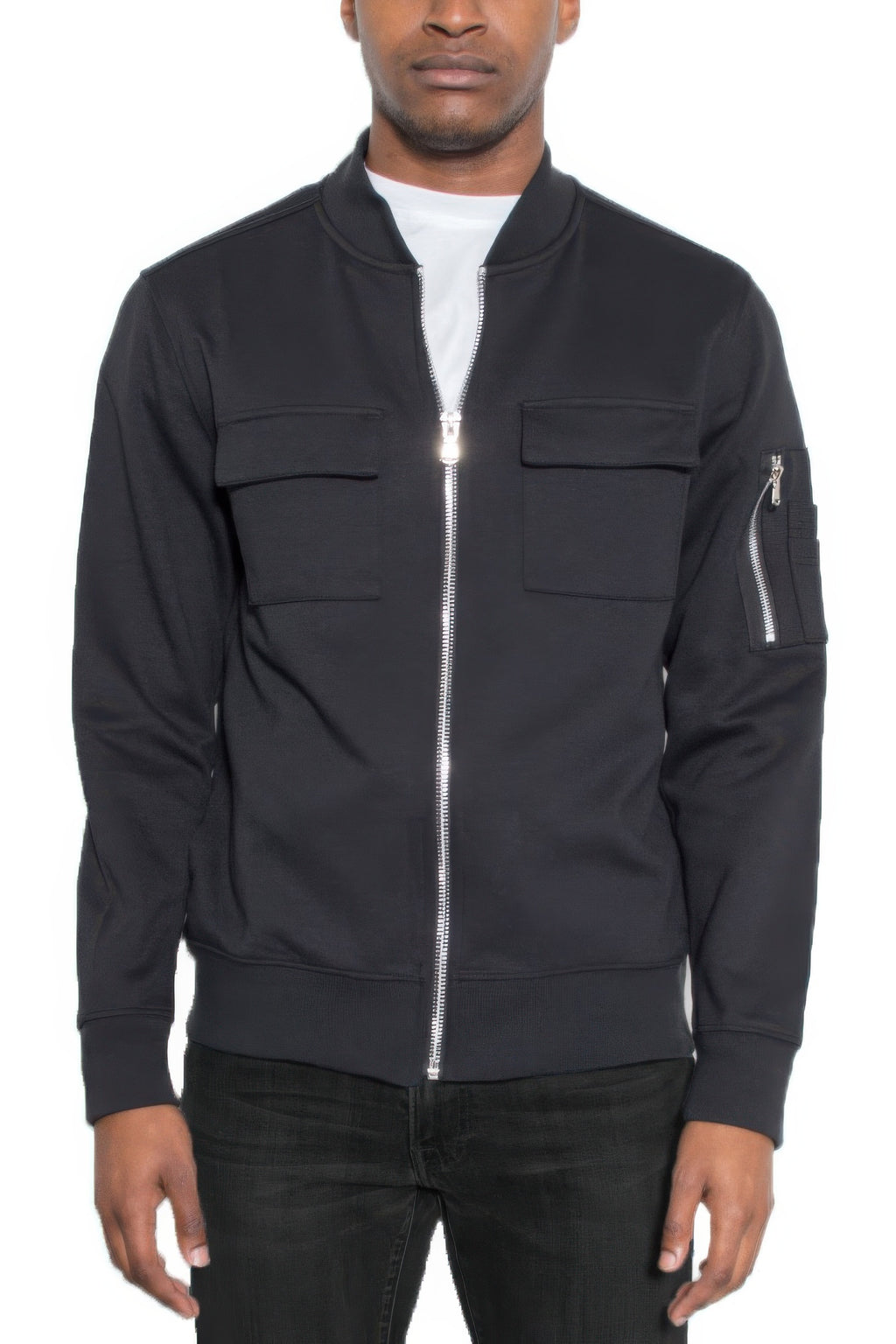 Men's black cotton zip-front jacket with two chest pockets and ribbed cuffs