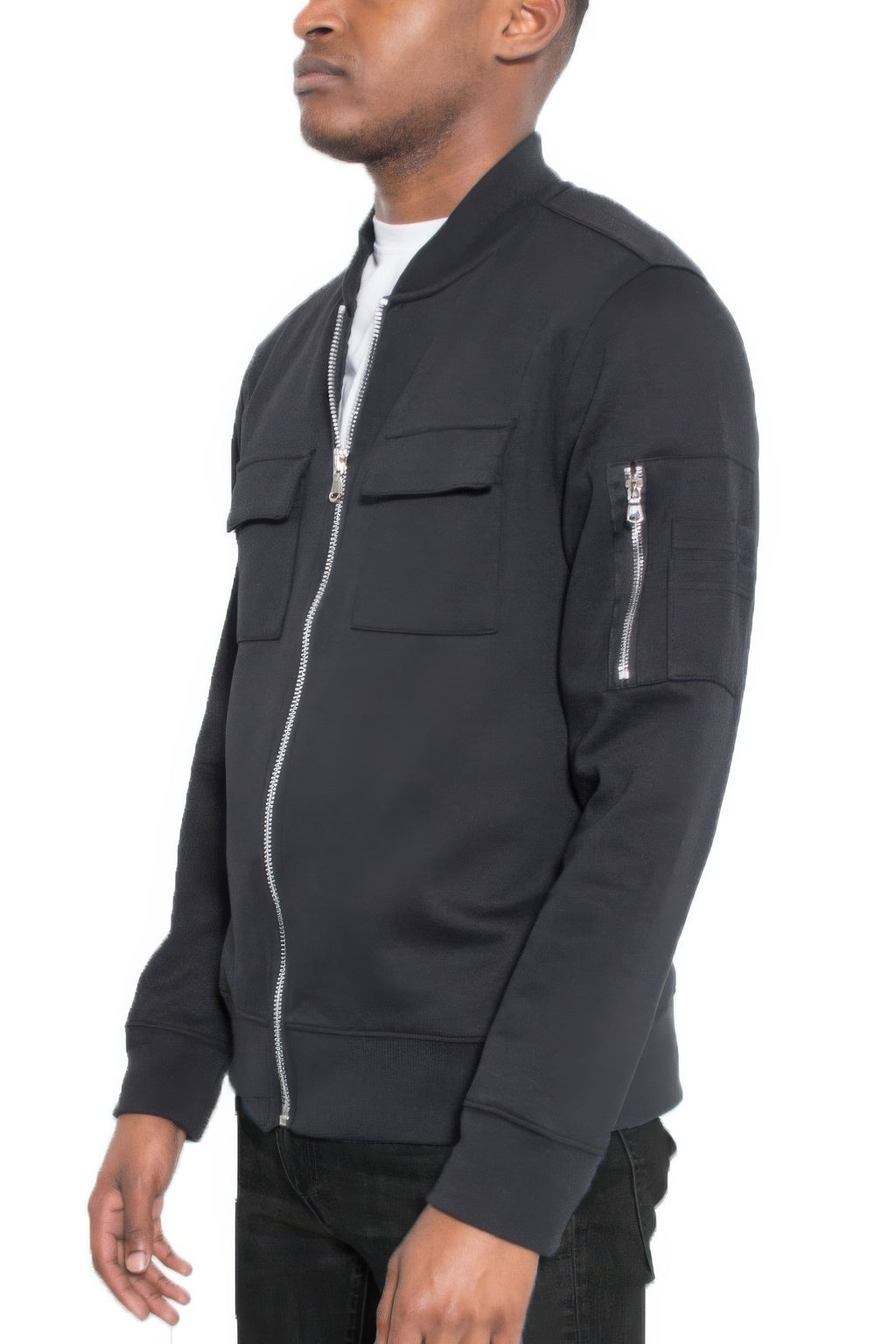 Men's black cotton zip-front jacket, side view with zip pocket detail on sleeve