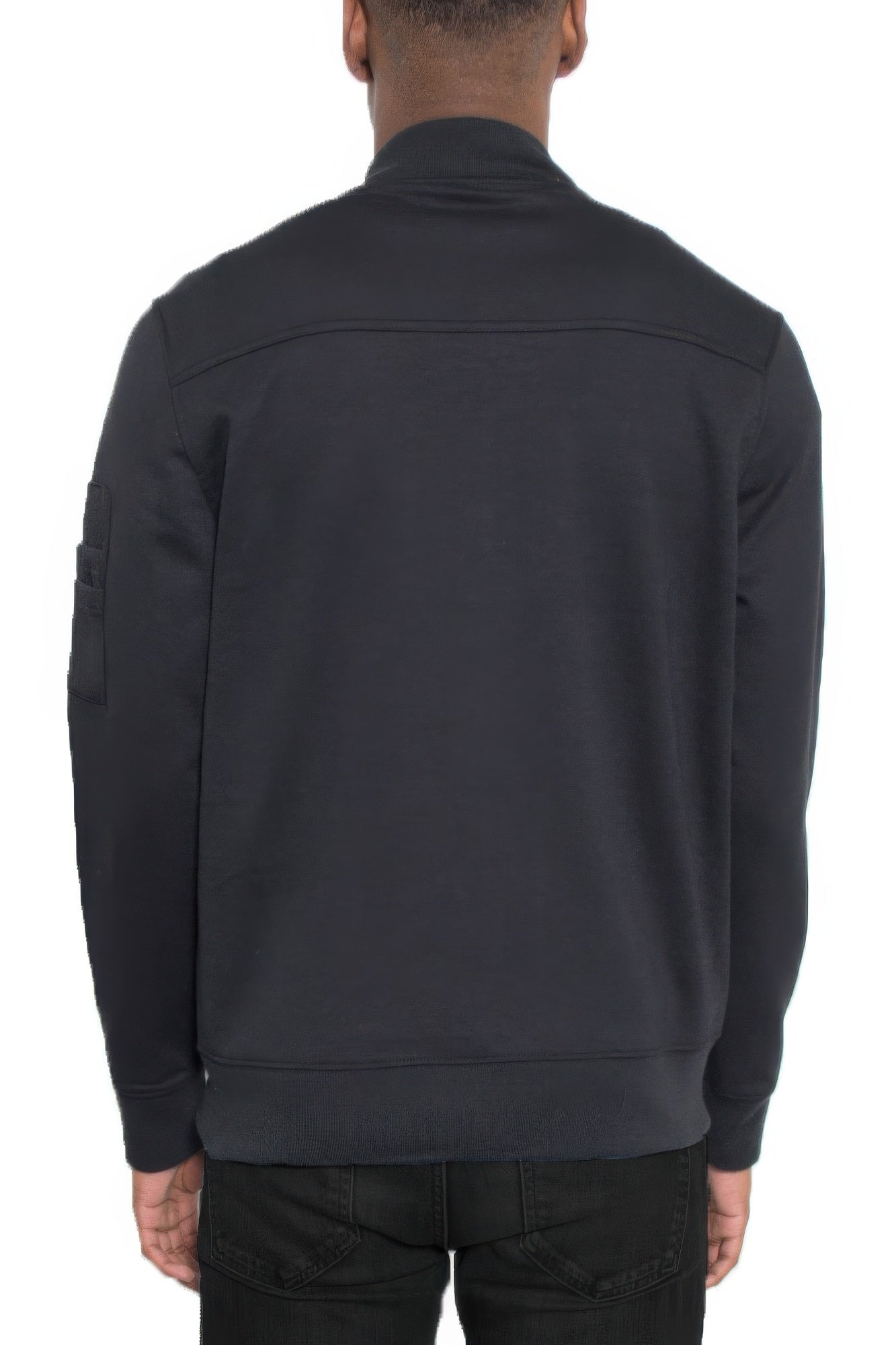 Men's black cotton zip-front jacket, back view with full back yoke seam