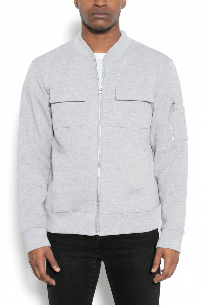 Men's grey cotton zip-front jacket with two chest pockets and ribbed cuffs