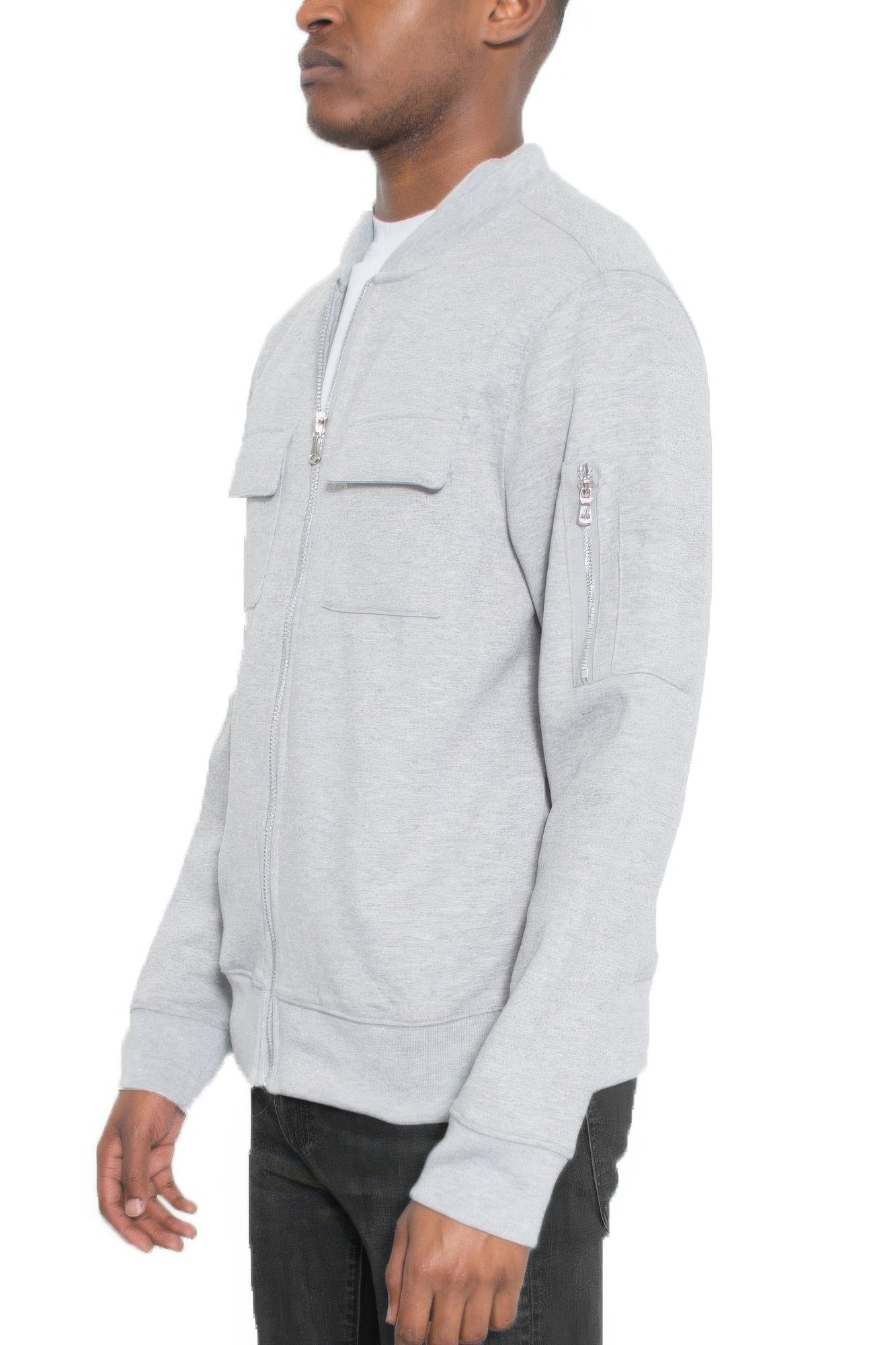 Men's grey cotton zip-front jacket, side view with zip pocket detail on sleeve
