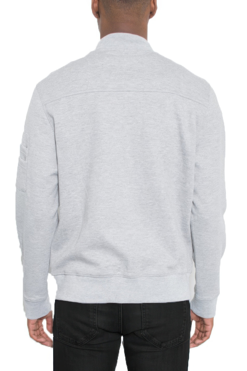Men's grey cotton zip-front jacket, back view with full back yoke seam