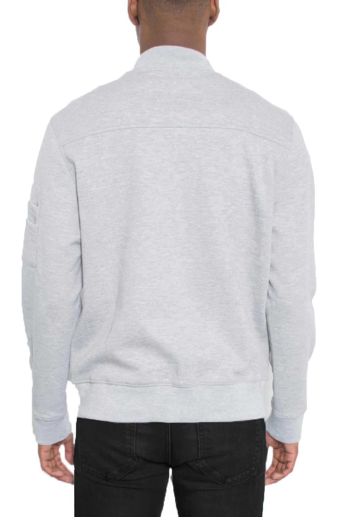 Men's grey cotton zip-front jacket, back view with full back yoke seam
