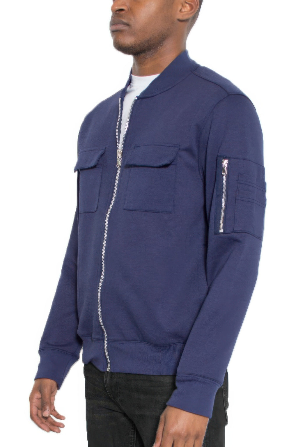 Men's navy cotton zip-front jacket, side view with zip pocket detail on sleeve