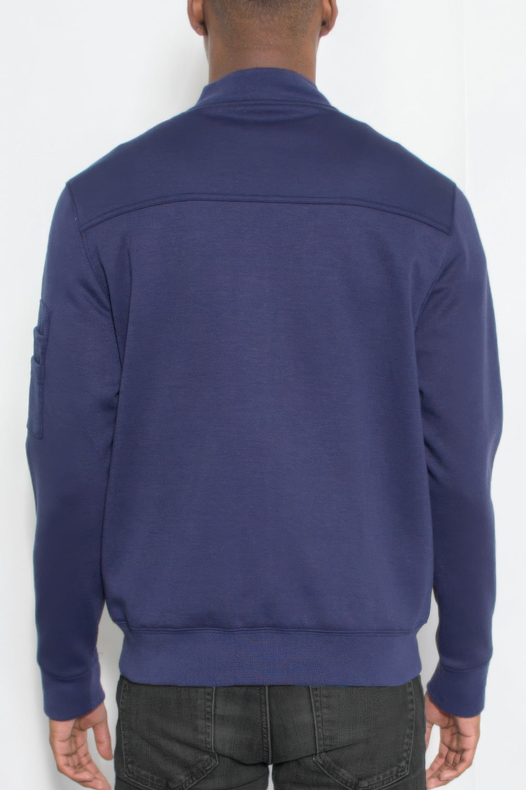 Men's navy cotton zip-front jacket, back view with full back yoke seam