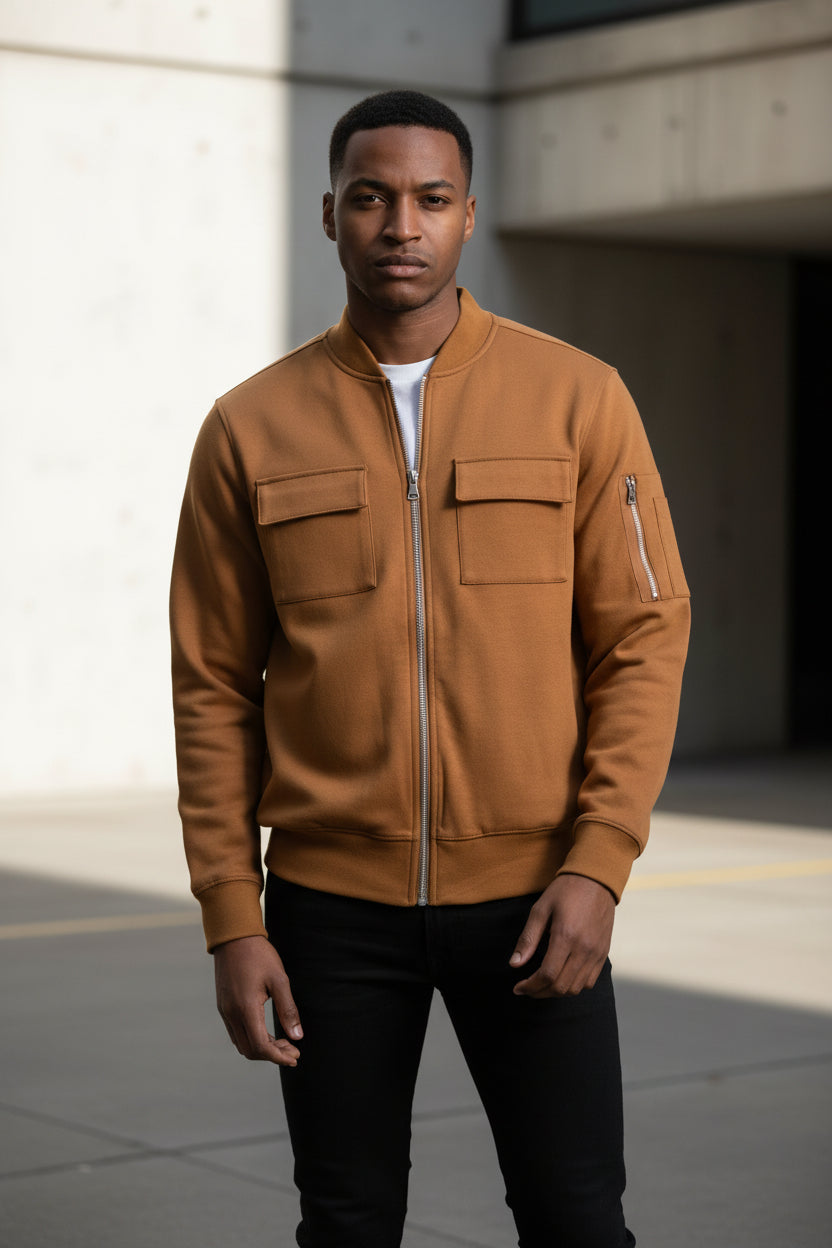 Men's ginger cotton zip-front jacket with two chest pockets and ribbed cuffs