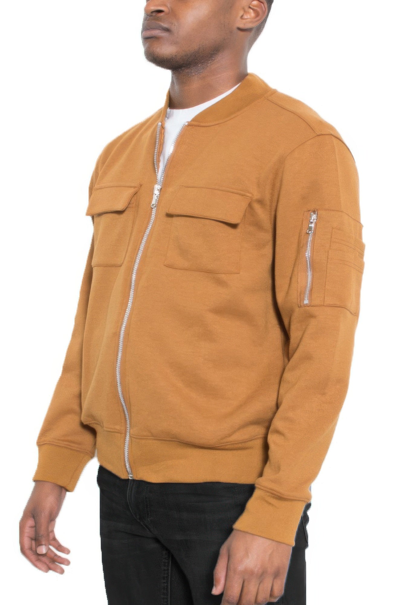 Men's cotton zip-front jacket in ginger brown with chest pockets and zipper