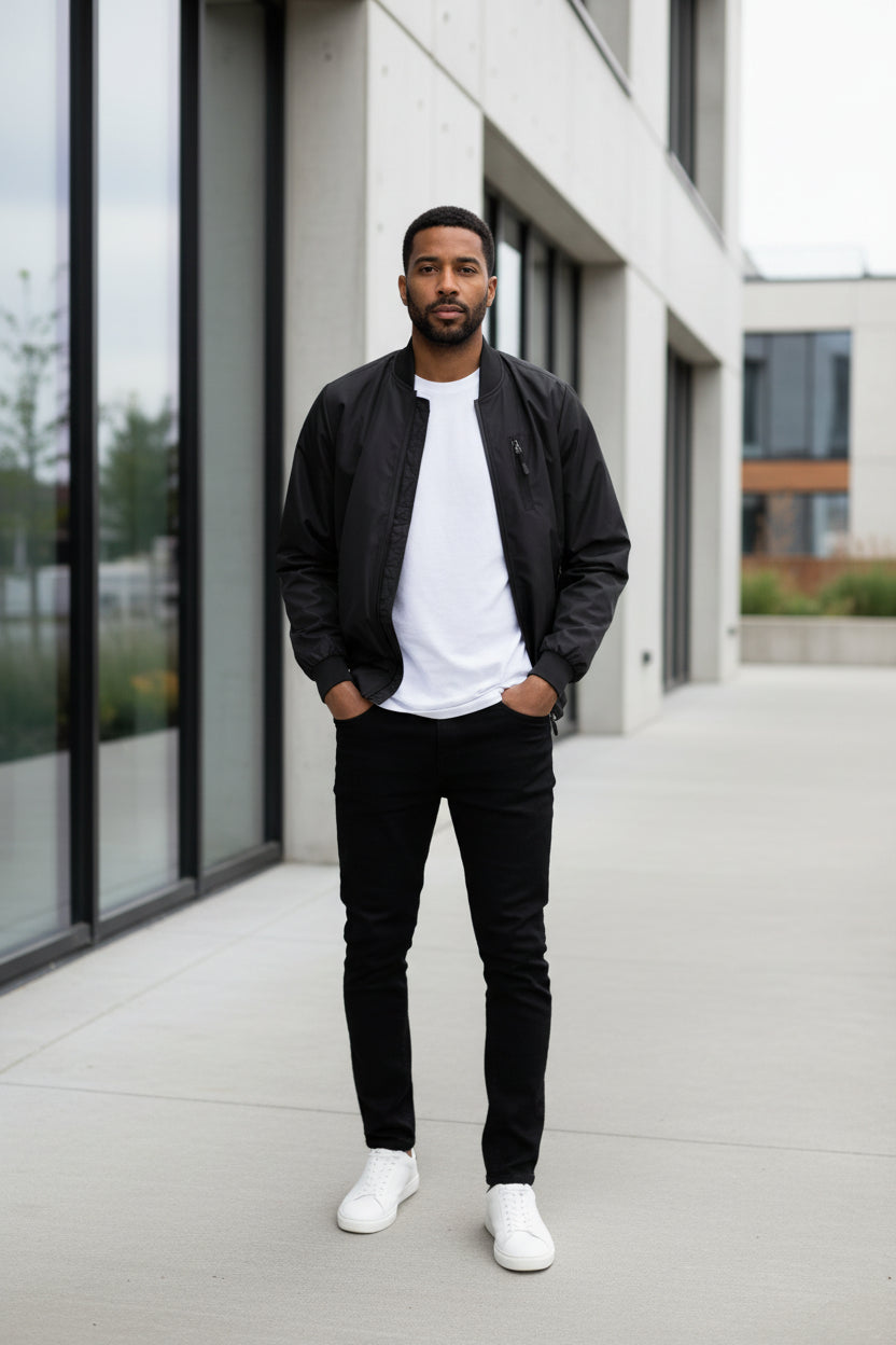 Lightweight black windbreaker jacket with front zip and zipped side pockets
