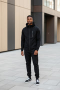 Men's black full-zip hooded sweatshirt and sweatpants set with drawstring