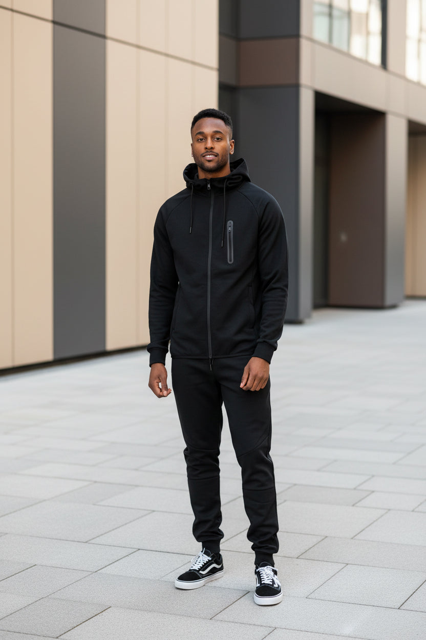 Men's black full-zip hooded sweatshirt and sweatpants set with drawstring