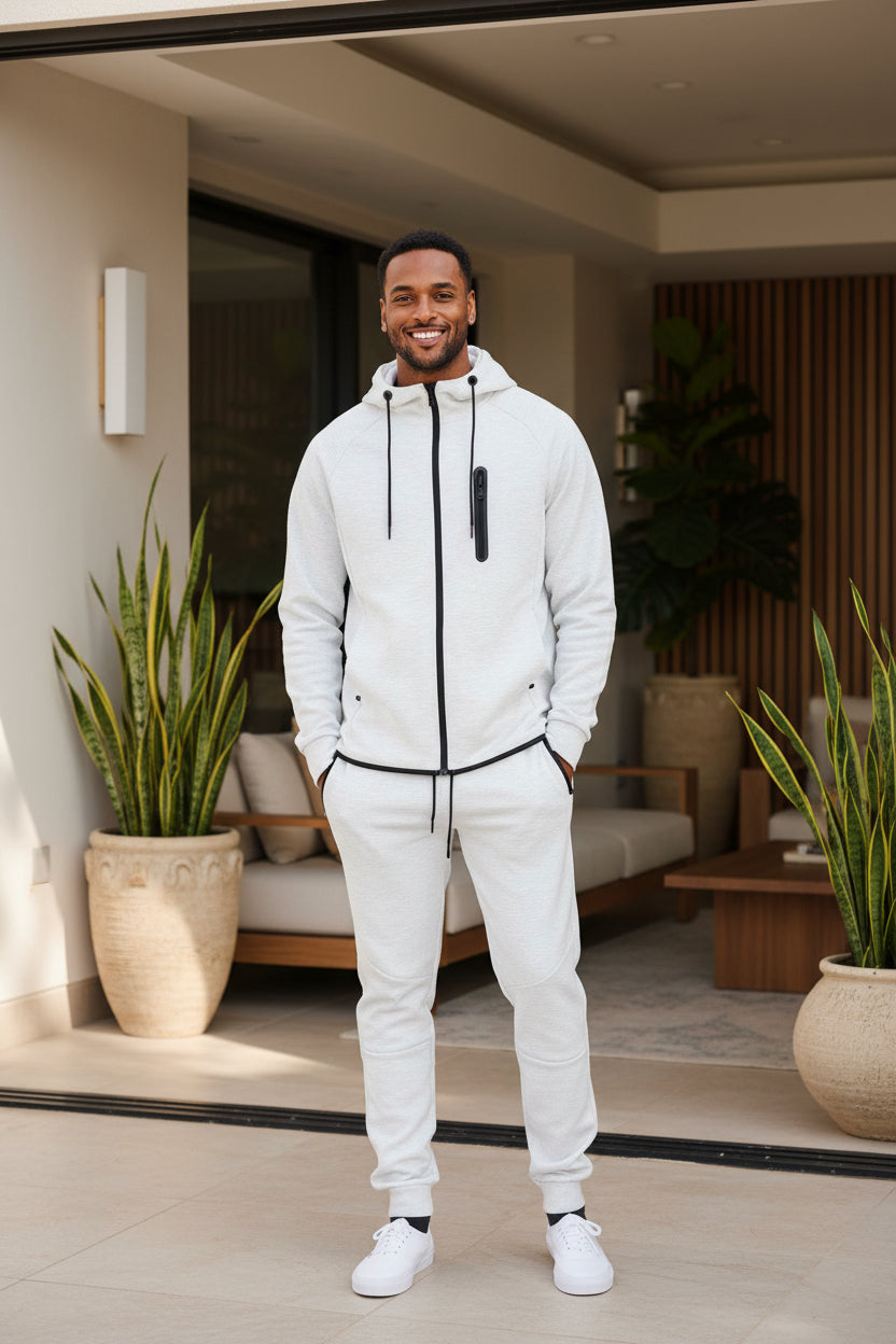 Men's white full-zip hooded sweatshirt and sweatpants set with drawstring