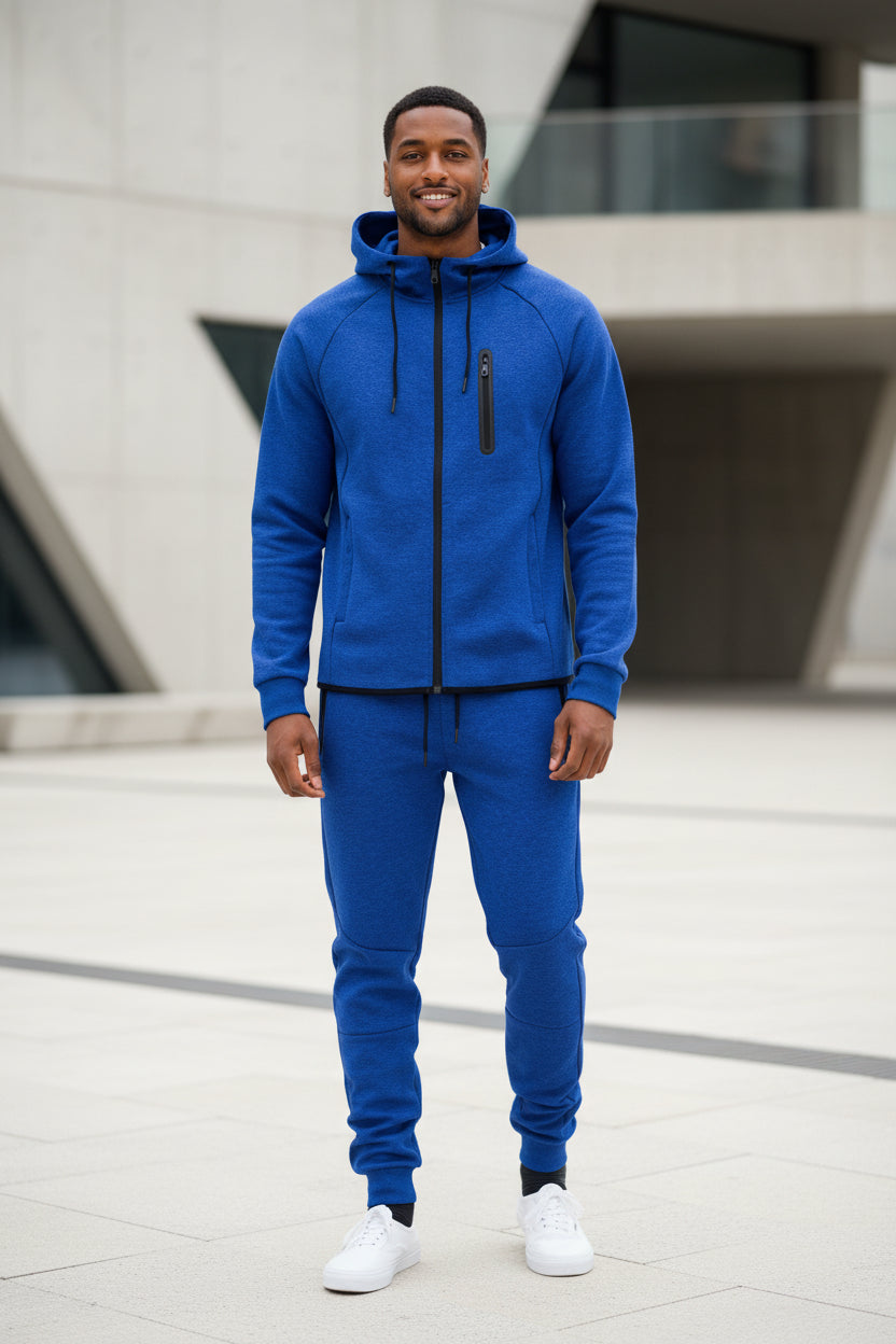 Men's royal blue full-zip hooded sweatshirt and sweatpants set with drawstring