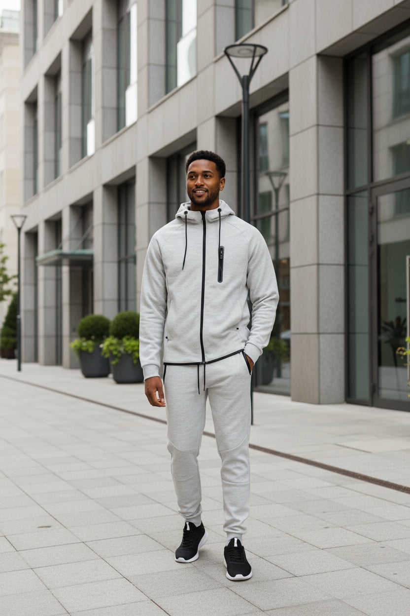 Men's light heather grey full-zip hooded sweatshirt and sweatpants set