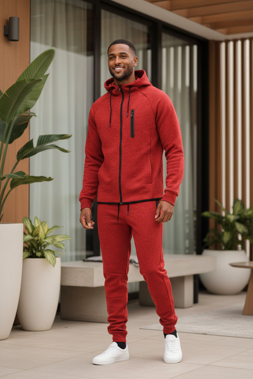 Men's red full-zip hoodie and sweatpants set with drawstring hood