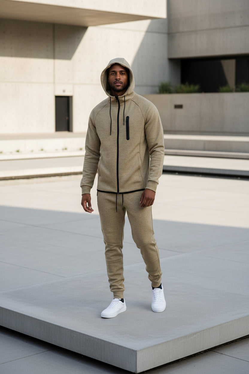 Men's khaki beige full-zip hoodie and sweatpants set with drawstring hood