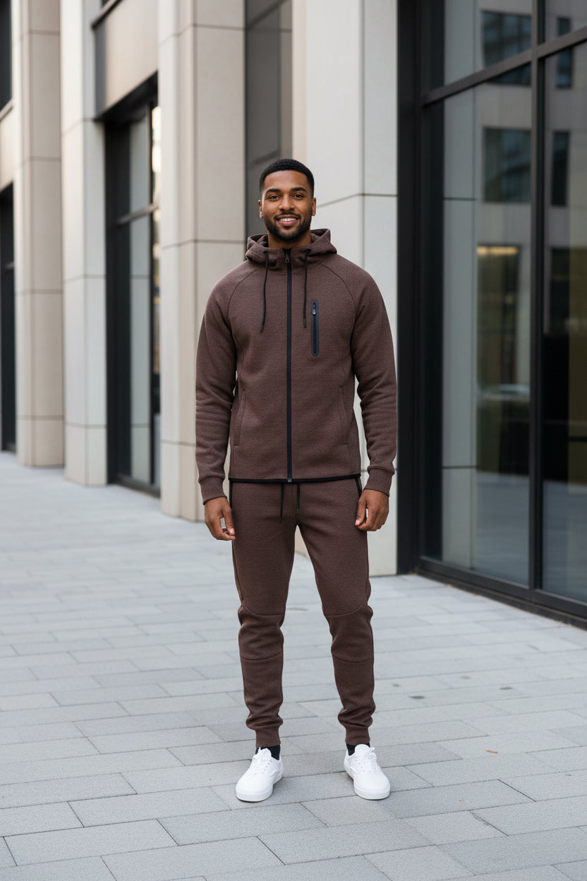 Men's brown full-zip hoodie and sweatpants set with drawstring hood