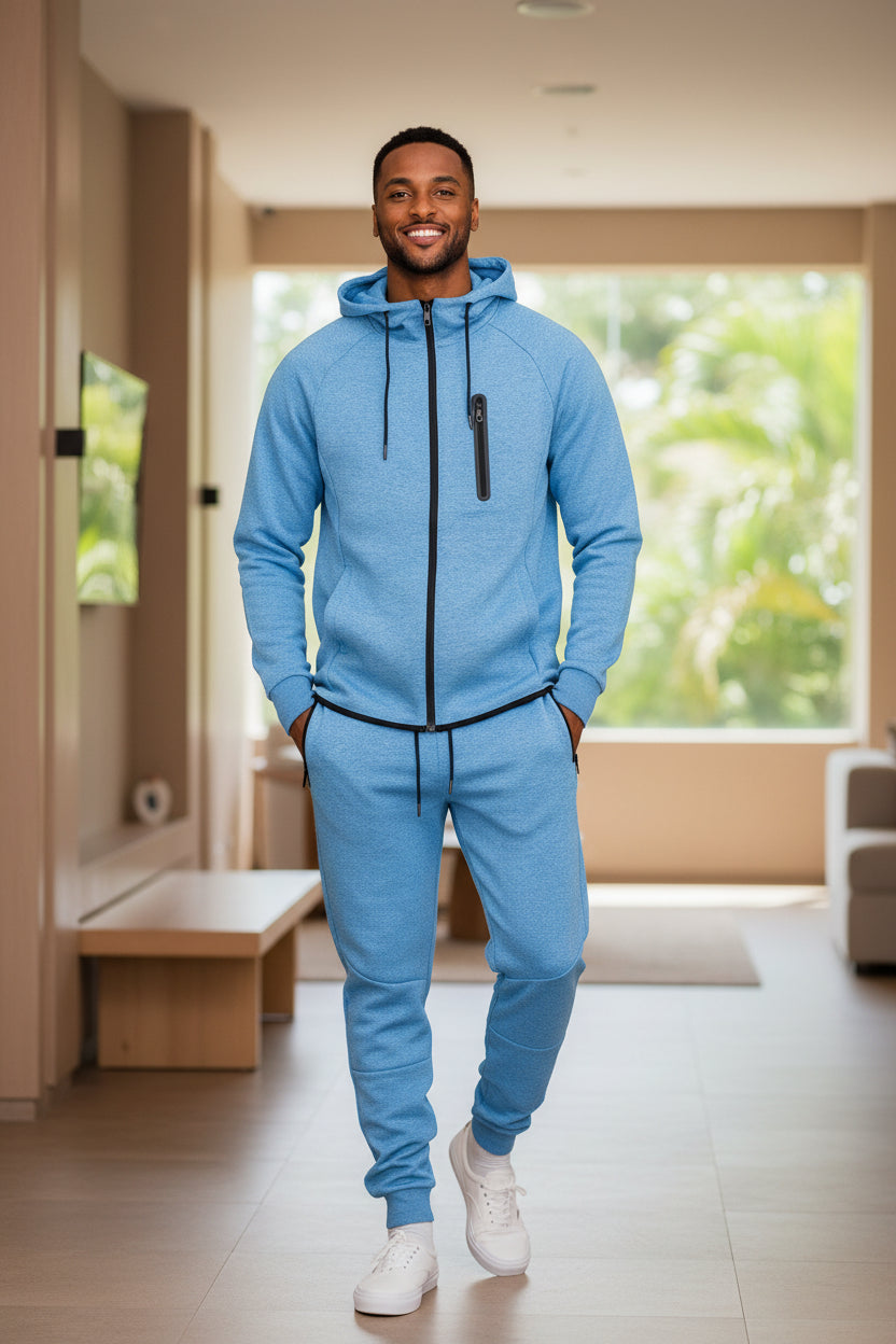 Men's light blue full-zip hoodie and sweatpants set with drawstring hood