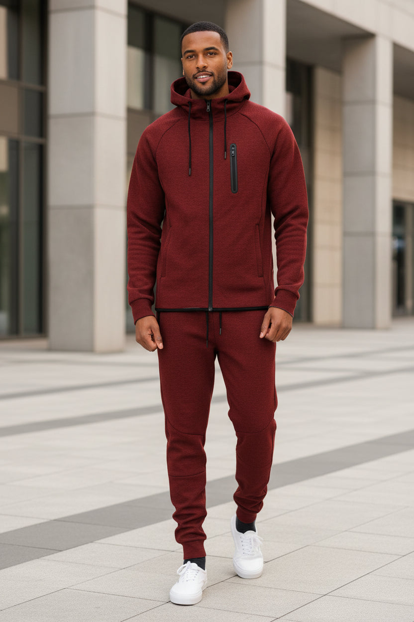 Men's dark red full-zip hoodie and sweatpants set with drawstring hood