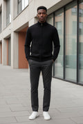 Men's solid full-zip sweater in black knit, stand collar, front zipper, ribbed cuffs