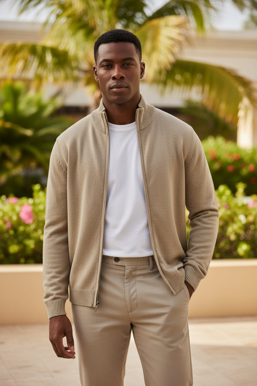 Men's solid full-zip sweater in tan knit, stand collar, front zipper, ribbed cuffs