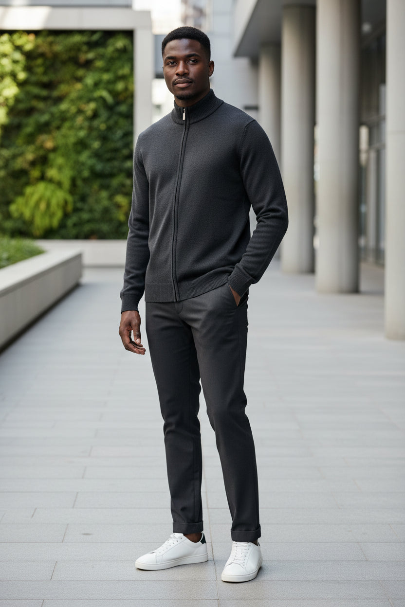 Men's solid full-zip sweater in dark charcoal knit, stand collar, front zipper, ribbed hem