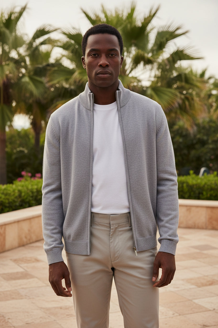 Men's solid full-zip sweater in light gray knit, stand collar, front zipper, ribbed cuffs