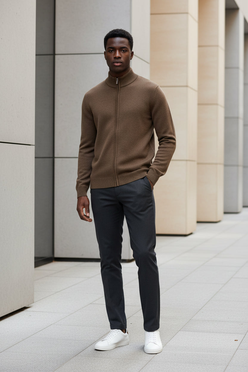 Men's solid full-zip sweater in brown knit, stand collar, front zipper, ribbed cuffs