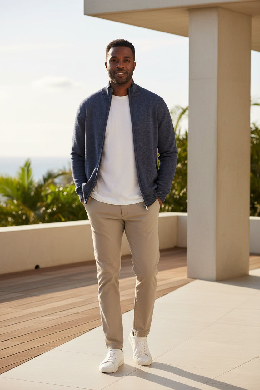 Men's solid full-zip sweater in navy knit, stand collar, front zipper, ribbed cuffs