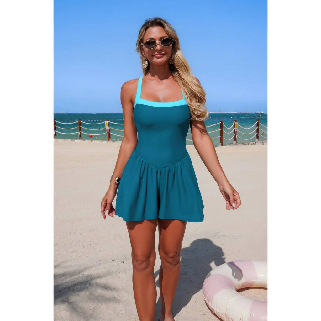 Teal one-piece sleeveless skirt swimsuit with elastic waistband