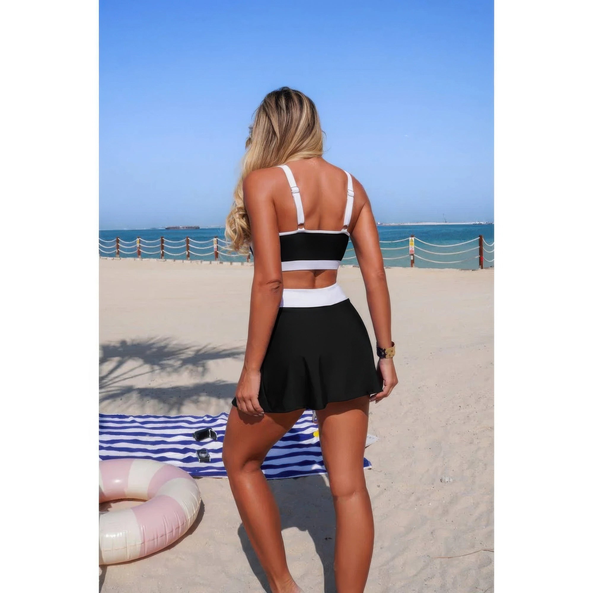 Two-piece color block bikini set, black high-waist tie-front bottom with white waistband
