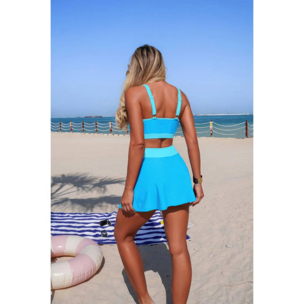 Two-piece color block bikini set, light blue high-waist tie-front mini skirt with crop top back
