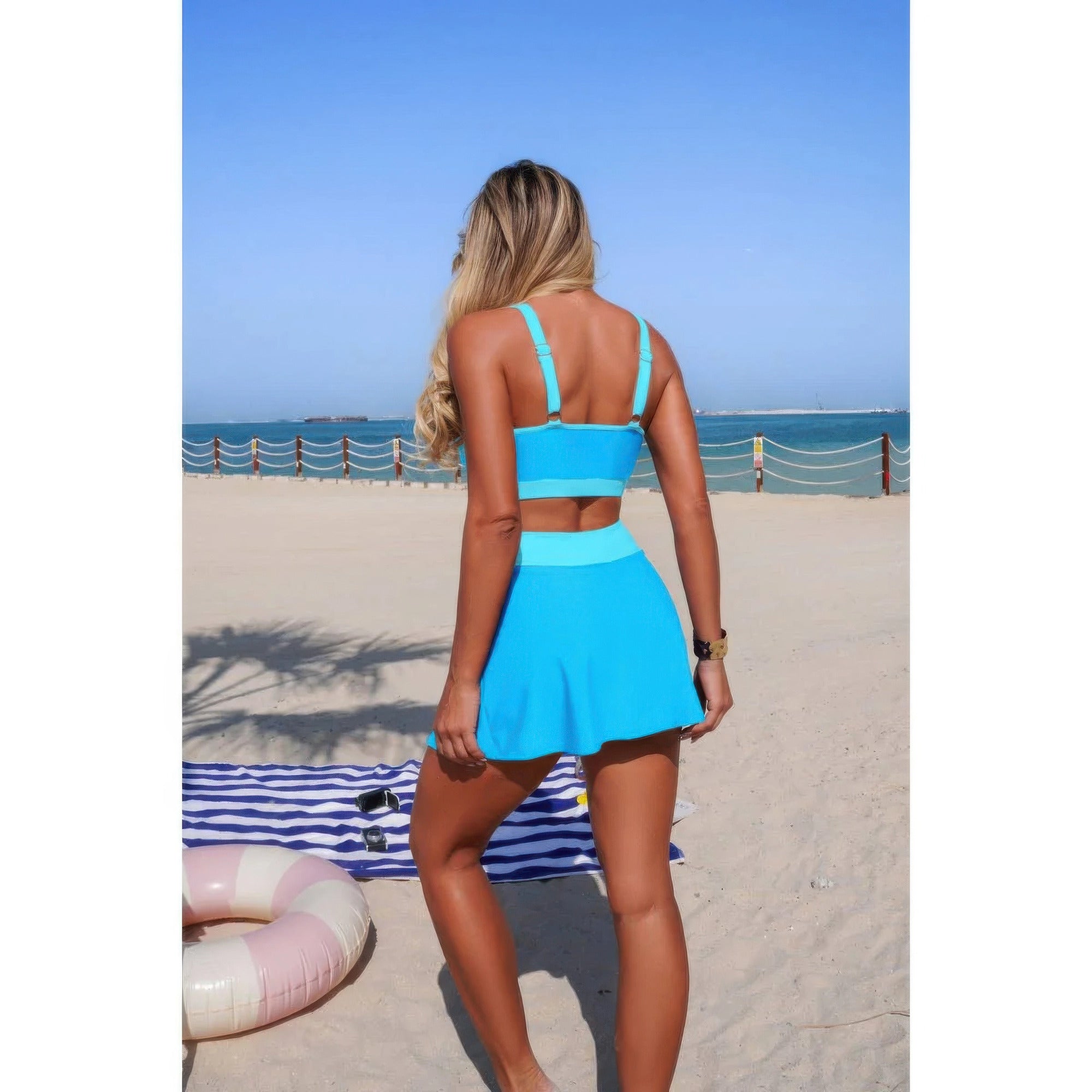 Two-piece color block bikini set, light blue high-waist tie-front mini skirt with crop top back