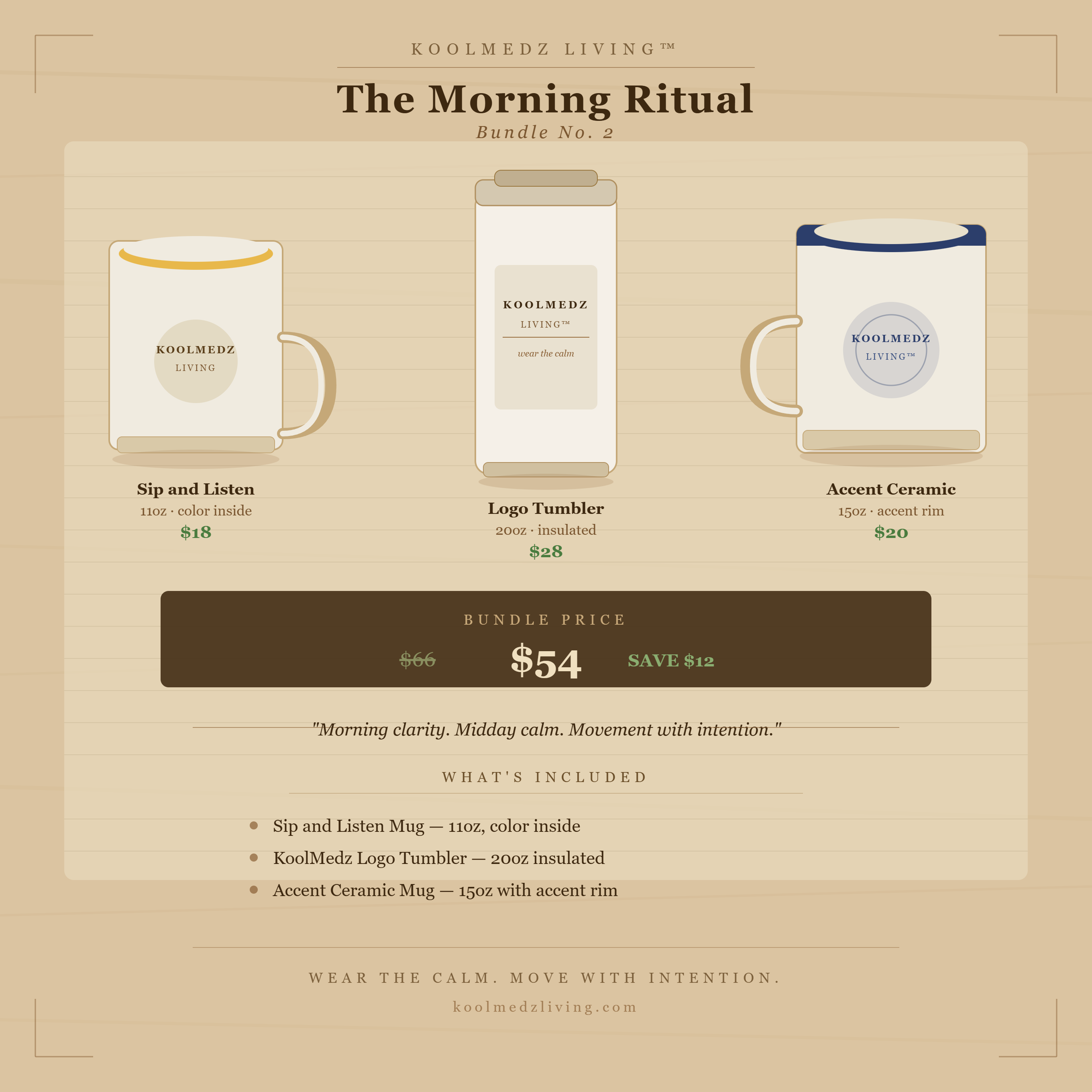 Morning Ritual bundle by KoolMedz Living with mug, tumbler, and accent ceramic mug