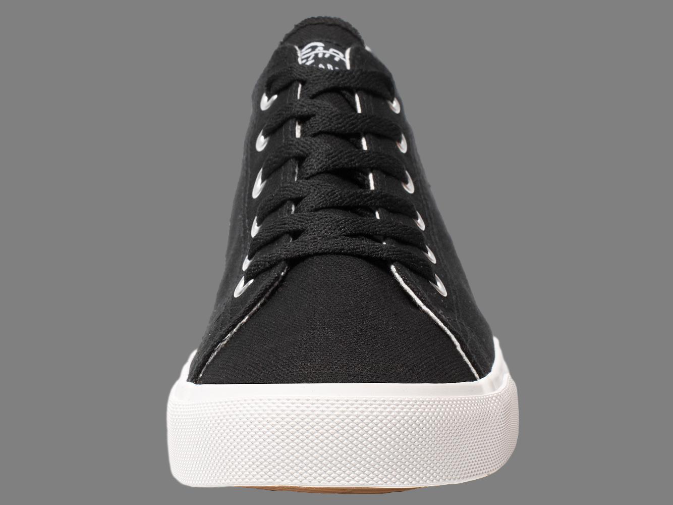 Black canvas low-top sneaker with lace-up front and white textured sole