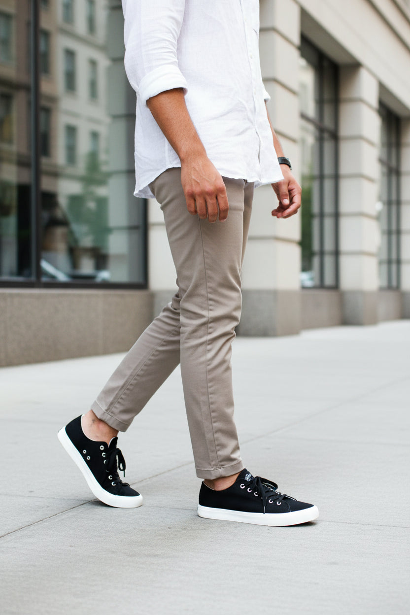 Black low-top sneakers on foot with white soles and lace-up eyelets