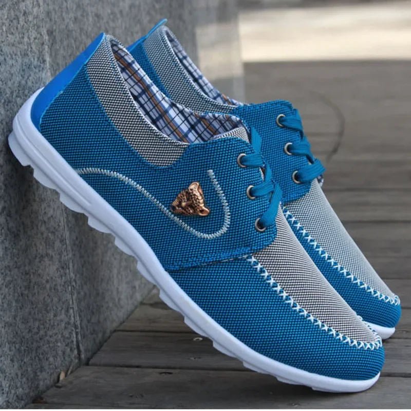 Men's canvas sneakers in blue and gray, lace-up, patterned lining, white sole