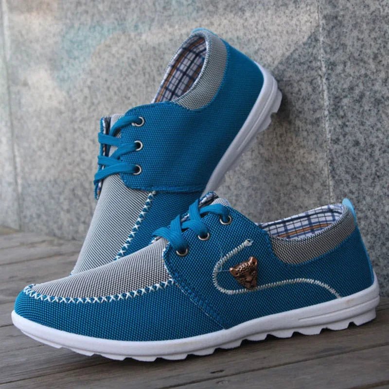 Men's canvas sneakers in teal and gray, lace-up with white sole